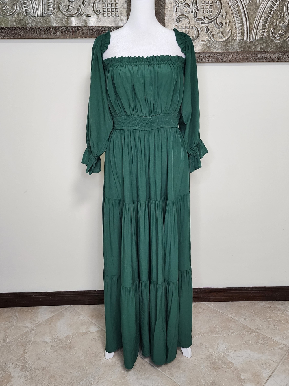 Zesica Green Smocked Waist Peasant Style Maxi Dress Large Cottagecore Ethereal